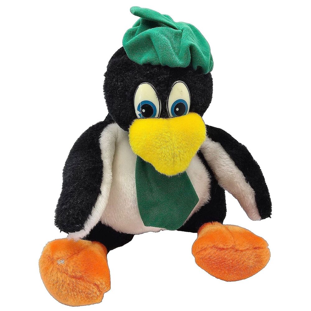 VTG 90s Commonwealth Penguin 12" Plush Squeaker Green Tie Blue Eyes Rare
